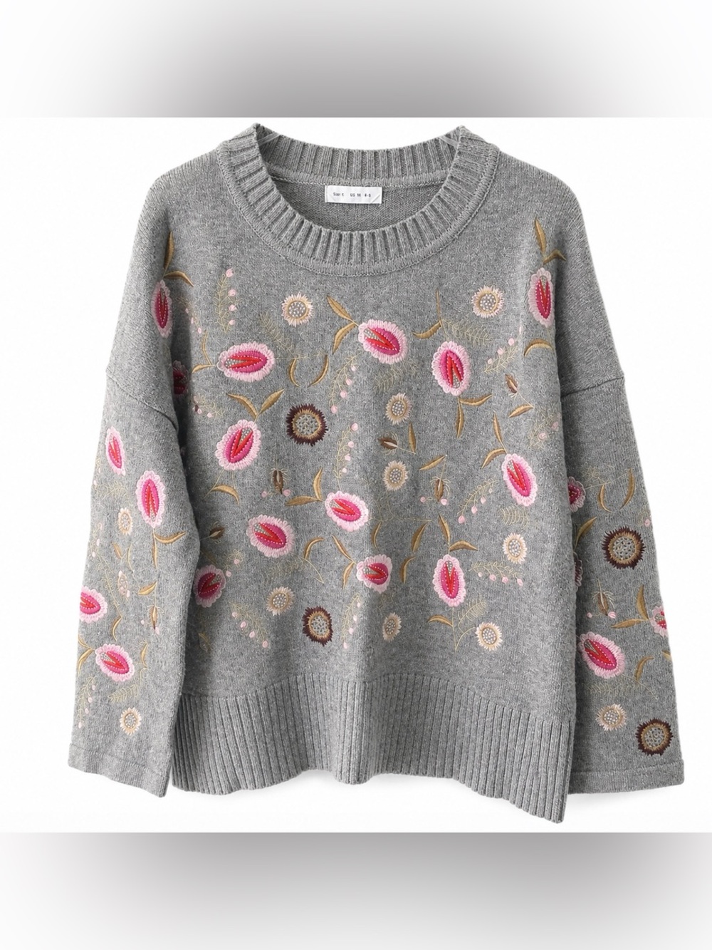 Floryday Gray and Pink Floral Embroidered Sweater Size S - Picture 4 of 8